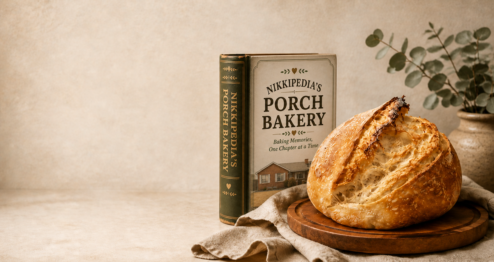 An artisan sourdough loaf beside an antique book in warm morning light